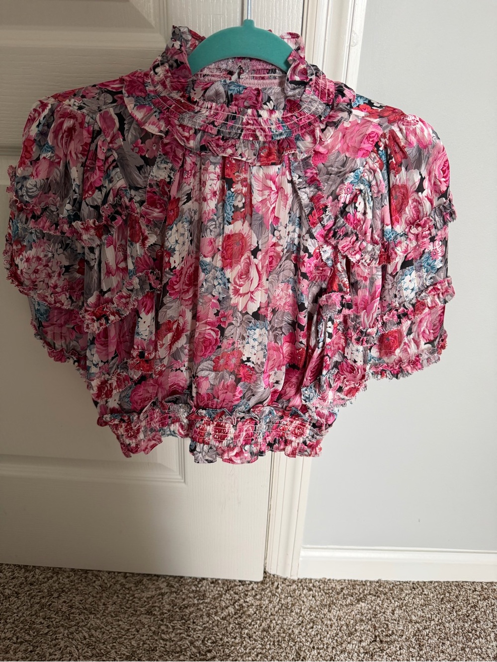 Elliatt Pink Floral Ruffled Smocked Crop Top